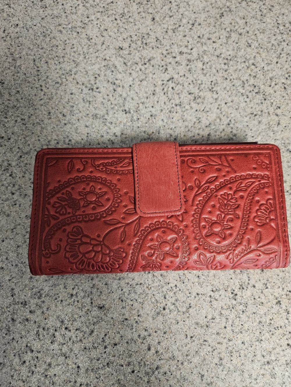 Fossil Red Embossed Paisley Leather Wallet